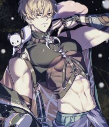  1boy abs abs_cutout absurdres adjusting_choker animal_on_shoulder bags_under_eyes belt black_background black_gloves black_shirt blonde_hair blurry bokeh chest_harness covered_pectorals crescent crescent_necklace crop_top depth_of_field ermine ferret fingerless_gloves gloves hair_between_eyes harness highres hopi_9898 jewelry large_pectorals male_focus midriff muscular muscular_male navel necklace nu_carnival orange_eyes pants pectorals pendant quincy_(distant_promise)_(nu_carnival) quincy_(nu_carnival) shirt short_hair sleeveless sleeveless_shirt snowflakes snowing topper_(nu_carnival) upper_body weasel 