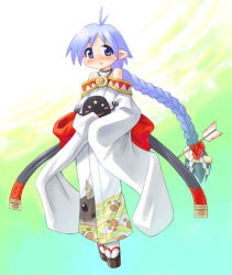  1girl arrow_(projectile) arrow_hair_ornament back_bow blue_eyes blue_hair bow braid creature full_body hamaya holding holding_creature japanese_clothes kimono long_hair long_sleeves minami_juujisei off_shoulder okobo original parted_lips paw_print platform_sandals pointy_ears print_kimono red_bow sandals shide shide_hair_ornament single_braid sleeves_past_fingers sleeves_past_wrists smile socks solo standing sylphie_(minami_juujisei) tabi very_long_hair white_kimono white_socks 
