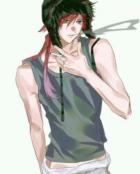  1boy alternate_costume beanie black_hat cigarette commentary cowboy_shot derohrwurm12 earflap_beanie fur_hat green_eyes grey_tank_top hair_between_eyes hand_up hat highres holding holding_cigarette korean_commentary lauren_iroas long_hair looking_ahead male_focus nijisanji pants parted_lips ponytail red_hair side_ponytail simple_background smoke smoke_trail smoking solo tank_top virtual_youtuber white_background white_pants 