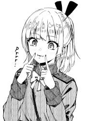  1girl :i blunt_bangs blush bow bowtie bright_pupils cheek_poking commentary_request downturned_eyes eyelashes eyes_visible_through_hair finger_to_cheek greyscale hair_ribbon half_updo hands_up heaven_burns_red highres index_fingers_raised jacket long_sleeves medium_hair metako_(slime_shop) military_uniform monochrome nanase_nanami_(heaven_burns_red) parted_lips poking ribbon simple_background solo sound_effects straight_hair upper_body white_background white_pupils 