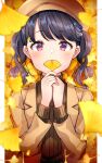  1girl autumn autumn_leaves beret black_hair commentary_request falling_leaves flower fukumaru_koito ginkgo ginkgo_leaf hair_flower hair_ornament hat highres holding holding_leaf idolmaster idolmaster_shiny_colors leaf long_sleeves looking_at_viewer shiitake_taishi solo sweater turtleneck turtleneck_sweater twintails violet_eyes 