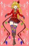  1girl :d alternate_costume ascot bangs black_gloves blonde_hair boots brown_footwear crystal dai_zu_san flandre_day flandre_scarlet frilled_skirt frills full_body gloves highres long_sleeves looking_at_viewer multicolored_clothes multicolored_legwear one_side_up open_mouth plaid plaid_skirt red_background red_eyes red_skirt simple_background skirt smile solo teeth touhou wings yellow_ascot 