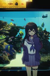 1girl black_hair blue_cardigan blue_neckerchief blue_sailor_collar blue_skirt cardigan commentary_request commission feet_out_of_frame fish fish_tank hand_up highres indie_virtual_youtuber kakeu_lulu long_hair long_sleeves looking_at_viewer miniskirt neckerchief nkymyura o-ring o-ring_thigh_strap open_mouth plant pleated_skirt red_eyes sailor_collar school_uniform serafuku shirt skeb_commission skirt sleeves_past_wrists smile solo standing thigh_strap tropical_fish water white_shirt 