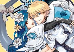  1boy 1girl ahoge blonde_hair blue_eyes blue_hair bow braid closed_mouth commentary_request dizzy_(guilty_gear) double-parted_bangs elbow_gloves fingerless_gloves floating_hair gloves guilty_gear guilty_gear_strive hair_between_eyes holding holding_sword holding_weapon hug ky_kiske long_hair long_sidelocks looking_at_viewer nishimoto open_mouth parted_bangs queen_dizzy red_eyes shawl short_hair sidelocks simple_background single_braid smile sword tail tail_bow tail_ornament thunderseal weapon white_shawl yellow_background yellow_bow 