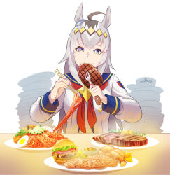  1girl ahoge animal_ears blue_eyes blue_sailor_collar bowl_stack brooch burger chicken_(food) chopsticks commentary ear_ornament eating egg food food_in_mouth food_on_face fork fried_chicken grey_hair hair_between_eyes hair_ornament hairband highres holding holding_chopsticks holding_food holding_fork horse_ears horse_girl jacket jewelry long_hair long_sleeves multicolored_hair neckerchief noodles oguri_cap_(starlight_beat)_(umamusume) oguri_cap_(umamusume) plate plate_stack red_neckerchief sailor_collar shirt solo star_brooch steak steaming_food umamusume upper_body white_jacket white_shirt yeoneotail 