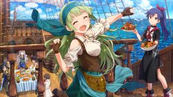  6+girls :d bird bowl breasts brown_corset brown_gloves card_commentary chicken_(food) closed_eyes commentary_request corset day facing_to_the_side facing_viewer fingerless_gloves food from_side game_cg gloves green_hair green_skirt holding holding_bowl holding_food holding_plate idolmaster idolmaster_million_live! idolmaster_million_live!_theater_days kikuchi_makoto kisaragi_chihaya long_hair multiple_girls nakatani_iku official_art open_mouth outdoors pirate_costume pirate_ship plate seagull shijou_takane shimabara_elena skirt smile table third-party_source turning_head 