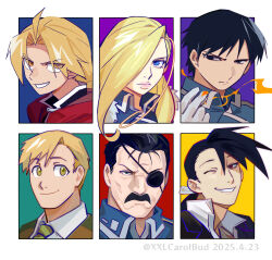  1girl 5boys ahoge alphonse_elric black_eyes black_hair black_jacket blonde_hair blue_eyes blue_jacket brown_jacket closed_mouth coat collared_shirt dated edward_elric eyepatch facial_hair fire fullmetal_alchemist fur_trim gloves greed_(fma) green_necktie grin hair_between_eyes hair_over_one_eye hair_tie highres jacket king_bradley ling_yao long_hair low_ponytail mature_male military_jacket military_uniform multiple_boys mustache necktie olivier_mira_armstrong one_eye_closed parted_bangs parted_lips ponytail portrait red_coat red_hair roy_mustang shirt short_hair smile twitter_username white_gloves white_shirt xxlcarolbud yellow_eyes 