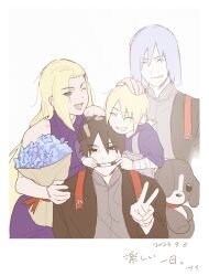 1girl 3boys bandaged_arm bandages bare_arms bare_shoulders black_eyes black_hair blonde_hair blue_eyes blue_hair blush boruto:_naruto_next_generations bouquet closed_eyes commentary couple dress family family_portrait father_and_child father_and_son flower hair_ornament hair_over_one_eye hairclip headpat highres husband_and_wife jacket light_smile lipstick makeup medium_hair mother_and_child mother_and_son mtk066621 multiple_boys naruto:_the_last naruto_(series) naruto_shippuuden overalls parent_and_child ponytail sai_(naruto) shin_(naruto) sleeveless sleeveless_dress smile stuffed_toy uncle_and_nephew v yamanaka_ino yamanaka_inojin 