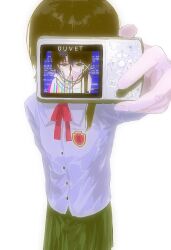  1girl asymmetrical_bangs blue_screen_of_death brown_eyes brown_hair cable camera collared_shirt different_viewfinder expressionless hair_ornament hairclip highres holding holding_camera iwakura_lain long_sleeves neck_ribbon ribbon serial_experiments_lain shirt skirt song_name wigfire x_hair_ornament 