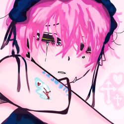  1girl alien_stage arm_tattoo black_hairband blood blood_on_arm commentary cross euyangpainting from_side hair_between_eyes hairband half-closed_eyes heart highres mizi_(alien_stage) official_alternate_costume parted_lips pink_hair short_hair solo tattoo 