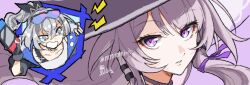  2girls artist_name collarbone commentary_request grey_eyes grey_hair hair_ribbon handheld_game_console hat herta_(honkai:_star_rail) highres holding holding_handheld_game_console honkai:_star_rail honkai_(series) mmmmhyb multiple_girls purple_ribbon ribbon silver_wolf_(honkai:_star_rail) tears the_herta_(honkai:_star_rail) 