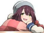  1girl :d beanie brown_hair hat head_rest highres kotatsu smile solo table toki_ayano white_background yasu_(pixiv) yellow_eyes yurucamp 