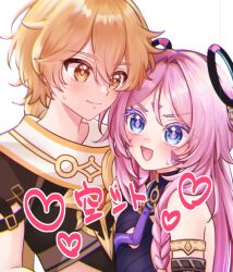  1boy 1girl aether_(genshin_impact) blonde_hair blue_eyes braid brown_shirt citlali_(genshin_impact) commentary_request couple facial_mark floating_headgear forehead_mark genshin_impact halter_leotard halterneck headgear hetero leotard pink_hair pink_pupils ring_hair_ornament ryuka0415 scarf shirt triangle triangle_facial_mark turtleneck turtleneck_leotard vision_(genshin_impact) white_scarf 