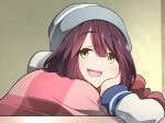  1girl :d beanie brown_hair hat head_rest highres indoors kotatsu smile solo table toki_ayano yasu_(pixiv) yellow_eyes yurucamp 