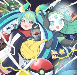  2girls aqua_eyes aqua_hair black_dress black_thighhighs blonde_hair blue_thighhighs blush commentary_request dress drifloon full_body golbat gradient_hair green_hair hair_between_eyes hair_ornament hatsune_miku headset highres latias latios long_hair looking_at_viewer luvdisc meloetta meloetta_(aria) miku_day minior minior_(core) minior_(yellow_core) mukumona396 multicolored_hair multiple_girls open_mouth poke_ball_theme pokemon pokemon_(creature) project_voltage pyukumuku smile starly thigh-highs twintails vanillite very_long_hair vocaloid zubat 