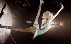  1girl aqua_belt ballet bare_shoulders belt blonde_hair breasts closed_eyes dress flower forehead_jewel highres kimdoldol_03 medium_breasts orange_shorts outstretched_arm pearl_(steven_universe) pink_socks rose shoes short_hair shorts sleeveless sleeveless_dress socks solo space steven_universe tears white_dress white_shoes 