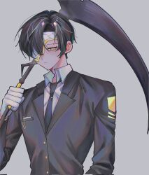  1boy black_hair black_jacket black_necktie booooobam closed_mouth collared_shirt commentary_request corrupted_twitter_file curtained_hair expressionless eye_mask gloves grey_background half-closed_eyes half_eye_mask highres holding holding_scythe index_(identity)_(project_moon) jacket korean_commentary limbus_company long_sleeves male_focus mask multicolored_hair necktie project_moon scythe shirt short_hair simple_background solo streaked_hair suit upper_body white_gloves white_shirt white_streaks yellow_eyes yi_sang_(project_moon) 