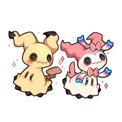  absurdres blush bow drawn_eyes fusion highres mimikyu no_humans pokemon pokemon_(creature) pokemon_focus ribbon sevi_(seviyummy) simple_background solid_oval_eyes sylveon tail watermark 