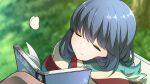  1girl blue_hair blurry blurry_background book bug butterfly close-up closed_eyes highres outdoors scarf shima_rin sleeping smile solo yasu_(pixiv) yurucamp 