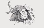  1girl afterimage animal_ears animal_on_head cat cat_on_head chibi cropped_torso flying_sweatdrops greyscale hands_up highres horse_ears mame_nabe_donko medium_hair meisho_doto_(umamusume) monochrome on_head open_mouth solo tail tail_wagging umamusume upper_body 