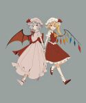  2girls absurdres ascot back_bow blonde_hair blue_hair bobby_socks bow chujiatangji closed_mouth collared_dress collared_shirt crystal demon_wings dot_nose dress fingernails flandre_scarlet frilled_shirt_collar frilled_skirt frills full_body gloves grey_background grin hair_between_eyes hat hat_ribbon highres holding_hands long_hair looking_at_another looking_to_the_side mary_janes mob_cap multiple_girls nail_polish one_side_up pink_dress pink_gloves pink_headwear pink_legwear pointy_ears puffy_short_sleeves puffy_sleeves red_ascot red_bow red_eyes red_footwear red_nails red_ribbon red_skirt red_vest red_wings remilia_scarlet ribbon shirt shoes short_hair short_sleeves siblings simple_background sisters skirt skirt_set sleeve_cuffs smile socks touhou vest white_headwear white_legwear white_shirt wings yellow_ascot 