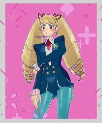  1girl artist_name blonde_hair blue_dress blue_pantyhose blush commentary_request dress drill_hair highres long_hair luna_platz_(mega_man) mega_man_(series) mega_man_star_force_(series) pantyhose pink_background rikka_(user_hruv2435) twin_drills twintails_day 