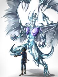  1boy black_hair blonde_hair blue_jacket commentary dragon duel_monster fudo_yusei full_body glowing glowing_eye highres itasuke_chan jacket multicolored_hair simple_background solo_focus spiky_hair stardust_dragon streaked_hair two-tone_hair white_background yu-gi-oh! yu-gi-oh!_5d's 