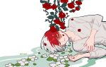 1boy boku_no_hero_academia burn_scar closed_eyes closed_mouth collared_shirt commentary english_commentary flower imjayu long_sleeves lying male_focus multicolored_hair on_side red_flower redhead scar scar_on_face shirt short_hair simple_background solo split-color_hair todoroki_shouto twitter_username two-tone_hair white_background white_flower white_hair white_shirt 