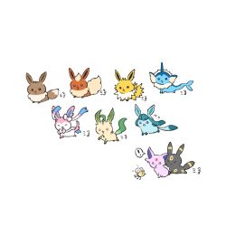  ! black_eyes blue_eyes brown_eyes closed_eyes closed_mouth commentary_request cutiefly eevee espeon flareon glaceon jolteon leafeon no_humans open_mouth pokemon pokemon_(creature) pokemon_focus running simple_background sitting sylveon umbreon upiupisyo vaporeon violet_eyes white_background 