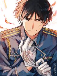  1boy absurdres adjusting_clothes adjusting_gloves aiguillette amestris_military_uniform black_eyes black_hair blue_jacket collared_jacket fullmetal_alchemist gloves highres jacket looking_at_viewer military military_jacket military_uniform roy_mustang silver_trim solo sunagimo_0w0 white_gloves 