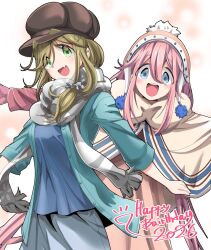  2girls aqua_sweater arms_at_sides beanie blonde_hair blue_eyes blue_shirt brown_hat cowboy_shot double-parted_bangs eyebrows_visible_through_hat fang green_eyes grey_scarf grey_skirt hair_between_eyes hair_ornament hair_scrunchie happy_birthday hat highres inuyama_aoi kagamihara_nadeshiko long_hair long_hair_between_eyes low_side_ponytail multiple_girls n2midori outstretched_arms pink_hair scarf scrunchie shirt side_ponytail simple_background skin_fang skirt striped_clothes striped_scarf sweater thick_eyebrows white_scarf yellow_poncho yurucamp 