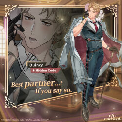  1boy adjusting_earphones animal animal_on_shoulder bags_under_eyes belt black_gloves black_shoes blonde_hair blush bracelet cane character_name clothed_animal coat coat_on_shoulders collared_shirt copyright_name copyright_notice covered_pectorals dress_shirt dress_shoes english_text ermine ferret full_body gem gloves green_pants grey_coat grey_vest hair_between_eyes hat holding holding_cane holding_newspaper infinity_alpha_studio jewelry large_pectorals looking_at_viewer looking_to_the_side male_focus multiple_belts muscular muscular_male necktie newspaper nu_carnival official_alternate_costume official_art open_clothes open_coat open_mouth orange_eyes pants pectorals plaid_clothes plaid_pants quincy_(hidden_code)_(nu_carnival) quincy_(nu_carnival) red_necktie shirt shoes short_hair shy simple_background standing suit sweatdrop tachi-e taut_clothes tight_clothes topper_(nu_carnival) trench_coat vest watch watch weasel white_shirt yellow_gem zoom_layer 