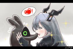  1girl bangboo_(zenless_zone_zero) black_gloves character_name closed_eyes commentary_request drooling from_side gloves grey_hair hair_between_eyes happy heart highres hikariworks horns light_blush long_hair mechanical_horns robot sparkle speech_bubble spoken_heart sunbringer_(zenless_zone_zero) upper_body zenless_zone_zero 