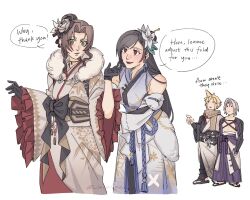  2boys 2girls adjusting_another's_clothes aerith_gainsborough aerith_gainsborough_(festive_crimson_attire) bare_shoulders black_gloves black_hair black_pantyhose black_shrug blonde_hair breasts brown_hair chest_strap chinese_clothes choker cloud_strife cloud_strife_(official_festive_garb) commentary cowboy_shot detached_sleeves english_commentary english_text final_fantasy final_fantasy_vii final_fantasy_vii:_ever_crisis fingerless_gloves flower full_body fur-trimmed_kimono fur_trim gloves gold_trim green_eyes grey_hair hair_bun hair_flower hair_ornament hanfu highres jacoline japanese_clothes kimono long_hair medium_breasts multiple_boys multiple_girls obi official_alternate_costume official_alternate_hairstyle pantyhose parted_bangs parted_lips pointing pointing_at_another print_scarf red_eyes red_trim sandals sash scarf sephiroth sephiroth_(celebratory_garb) short_hair shrug_(clothing) sidelocks spiky_hair tifa_lockhart tifa_lockhart_(festive_blue_daffodil_attire) twitter_username vambraces white_background white_flower white_kimono wide_sleeves 