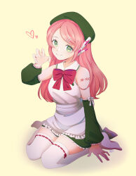  1girl apron beret bow bowtie claw_pose commentary detached_sleeves dress english_commentary full_body green_dress green_eyes green_hat green_sleeves hair_ornament hairclip hat highres koala-bears lace-trimmed_dress lace_trim long_hair momone_momo pink_hair red_bow red_bowtie ribbon-trimmed_thighhighs ribbon_trim robot_ears simple_background sitting sleeve_bow smile solo thigh-highs utau wariza white_apron yellow_background 