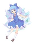  1girl :d absurdres bangs blue_bow blue_dress blue_eyes blue_hair blush bow brown_footwear cirno collared_shirt detached_wings diamond_(shape) dress frog full_body hair_between_eyes hair_bow hair_ornament hair_ribbon happy highres ice ice_wings kneehighs looking_at_viewer mary_janes nanagi neck_ribbon open_hand open_mouth puffy_short_sleeves puffy_sleeves red_ribbon ribbon shirt shoes short_hair short_sleeves skirt smile socks solo standing touhou white_background white_legwear white_shirt wings 