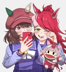  2girls ;d absurdres animal_ears blush bow bowtie breasts brown_hair cellphone commentary ear_covers ears_through_headwear facial_mark grey_background hair_between_eyes hand_puppet heart heart_facial_mark heart_on_cheek highres holding holding_phone horse_ears horse_girl horseshoe_ornament large_breasts long_hair long_sleeves looking_at_viewer loves_only_you_(umamusume) marche_lorraine_(umamusume) mismatched_ear_covers multicolored_hair multiple_girls one_eye_closed phone pleated_skirt puppet purple_sailor_collar purple_shirt purple_skirt red_hair sailor_collar sailor_shirt school_uniform selfie shirt simple_background skirt smartphone smile tracen_school_uniform two-tone_hair umamusume untranslatable_commentary violet_eyes white_bow white_bowtie white_hair yellow_eyes yukito_(yukito85476) 