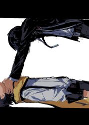  2boys black_hair black_jacket black_pants commentary_request covered_face cowboy_shot digital_walkman eyes_out_of_frame from_side hands_on_another's_neck head_out_of_frame highres jacket korean_commentary long_sleeves male_focus mochizuki_ryouji mp3_player multiple_boys nt_26 pants persona persona_3 scarf shirt short_hair sideways simple_background standing strangling walkman_nw-s203f white_background white_shirt yellow_scarf yuuki_makoto_(persona_3) 