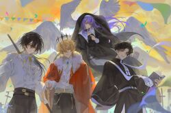  16personalities 1girl 3boys absurdres alternate_costume angel blonde_hair blunt_bangs book brown_hair cape chinese_commentary christianity clouds cloudy_sky collared_shirt cross crown debater_(16personalities) echo_bushi_tian_gou entrepeneur_(16personalities) feathered_wings flying fur_trim hair_between_eyes head_tilt highres holding holding_book holding_polearm holding_weapon king latin_cross logician_(16personalities) long_hair long_sleeves looking_at_viewer low_ponytail multiple_boys myers-briggs_type_indicator nun nun_headdress open_book outdoors pants parted_bangs polearm ponytail priest purple_hair red_cape robe shirt sky standing star_(symbol) traditional_nun upper_body violet_eyes virtuoso_(16personalities) weapon wide_sleeves wings yellow_eyes 