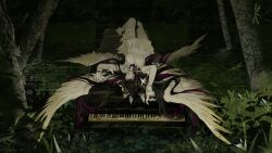  1girl angel_wings artist_name bare_legs barefoot black_hair closed_eyes columbina_(genshin_impact) commentary dark_background dress eye_mask genshin_impact grass green_background hair_ornament head_wings highres instrument long_hair lying mask multicolored_hair multiple_girls multiple_wings piano purple_hair purple_streaks ribbon smile solo streaked_hair tree two-tone_hair untranslatable_commentary very_long_hair white_dress white_wings wing_hair_ornament wings x-shaped_eyewear yumicowyvern 