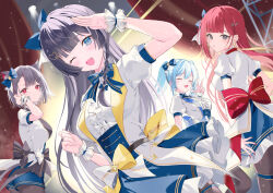  4girls akane_lize animal_ear_fluff animal_ears arahashi_tabi back_bow black_bow black_bowtie black_hair black_pantyhose blonde_hair blue_bow blue_bowtie blue_eyes blue_hair blue_shorts blue_skirt bow bowtie braid cat_ears cat_girl center_frills closed_eyes commentary_request curtains earrings frilled_skirt frills grey_eyes grey_hair hair_bow hair_ornament hairclip heart heart_hair_ornament highres idol_clothes jewelry long_hair looking_to_the_side minatoyui3710 mole mole_under_eye multicolored_hair multiple_girls nail_polish neneko_mashiro one_eye_closed open_mouth pantyhose parallel_hairclips puffy_short_sleeves puffy_sleeves red_bow red_eyes red_hair red_nails shirayuki_hina shirt short_hair short_sleeves shorts skirt stage_lights stellive streaked_hair twintails virtual_youtuber white_shirt white_wrist_cuffs wrist_cuffs yellow_bow yellow_bowtie 