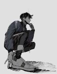  1boy absurdres bandaid bandaid_on_hand bandana bishounen black_hair from_below from_side hand_up highres looking_to_the_side male_focus mask mask_removed monochrome nea_(nongta2002) original shoes short_hair simple_background solo squatting white_background 