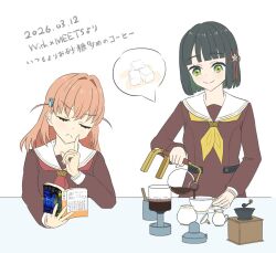  >:( 2girls black_hair blunt_bangs blunt_ends bob_cut book brown_dress cerise_bouquet closed_eyes closed_mouth coffee coffee_grinder coffee_maker coffee_siphon colored_inner_hair commentary creamer_(vessel) crossed_bangs cup dated dress frown green_eyes green_hair hair_intakes hair_ornament hasu_no_sora_school_uniform hinoshita_kaho holding holding_book link!_like!_love_live! long_sleeves love_live! momose_ginko multicolored_hair multiple_girls nasu_(m1n1nasu) neckerchief orange_hair pouring rabbit_hair_ornament red_neckerchief sailor_collar sailor_dress school_uniform short_hair simple_background spoken_object sugar_cube teacup translation_request two_side_up v-shaped_eyebrows virtual_youtuber white_background white_sailor_collar winter_uniform yellow_neckerchief 