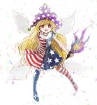  1girl american_flag_dress american_flag_legwear blonde_hair clownpiece dress fairy_wings full_body hat highres hiroshige_36 holding jester_cap long_hair looking_at_viewer neck_ruff open_mouth pantyhose polka_dot purple_headwear red_eyes short_sleeves simple_background smile solo star-shaped_pupils star_(symbol) star_print striped symbol-shaped_pupils torch touhou very_long_hair wavy_hair white_background wings 