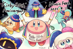  1other 5boys :d anniversary blue_eyes blue_hat blue_jacket blue_necktie blush_stickers brown_eyes clothes_writing commentary_request creature dated elfilin glowstick hat highres holding holding_glowstick holding_instrument holding_trumpet instrument jacket jester_cap king_dedede kirby kirby_(series) kirby_30th_anniversary_music_festival looking_at_viewer magolor male_focus marx_(kirby) multiple_boys music necktie no_humans one_eye_closed open_mouth pink_hat playing_instrument playing_trumpet ro2noki shirt smile trumpet two-tone_headwear waddle_dee white_shirt yellow_eyes 