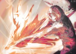  1boy absurdres anchoartcho fire highres hood hoodie imminent_attack itadori_yuuji jujutsu_kaisen jujutsu_kaisen_modulo pink_hair pyrokinesis red_eyes scar scar_on_face 