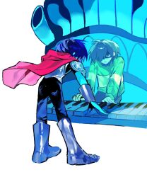  1other 7szndc armor armored_boots black_pants blue_hair blue_skin boots brown_hair brown_pants closed_mouth colored_skin deltarune from_behind gauntlets green_sweater highres instrument kris_(dark_world)_(deltarune) kris_(deltarune) music other_focus pants piano pink_scarf playing_instrument playing_piano red_eyes reflection scarf shaded_face short_hair sweater two-tone_sweater utdr_(toby_fox) white_background 