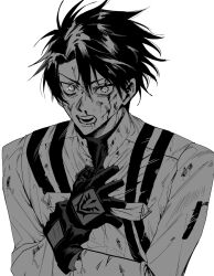  1boy blood blood_on_clothes blood_on_face clothing_cutout clutching_chest command_spell fate/grand_order fate_(series) fujimaru_ritsuka_(male) fujimaru_ritsuka_(male)_(decisive_battle_chaldea_uniform) glove_cutout gorilla_burning greyscale highres injury looking_at_viewer monochrome open_mouth short_hair simple_background solo teeth upper_body white_background 
