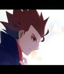  1boy black_cape brown_eyes cape closed_mouth commentary_request furrowed_brow hand_up highres kk_ntozai lance_(pokemon) letterboxed male_focus pokemon pokemon_(game) pokemon_hgss popped_collar redhead serious short_hair solo spiky_hair upper_body white_background 