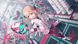  1girl :d azusawa_kohane black_scrunchie blonde_hair bodysuit boots brown_hair cleavage_cutout clothing_cutout colorful_palette dot_nose dutch_angle full_body game_cg hair_ornament hair_scrunchie highres indoors laboratory long_hair low_twintails multicolored_boots multicolored_shoes official_alternate_costume official_alternate_hair_ornament official_art open_mouth pantyhose pink_boots pink_pantyhose pink_shirt pink_shoes project_sekai robot scrunchie shirt shoes short_hair shrug_(clothing) smile speaker third-party_source tomoni_true_route_wo_mezashite_(project_sekai) twintails two-tone_boots two-tone_shoes white_bodysuit white_boots white_shoes white_shrug 